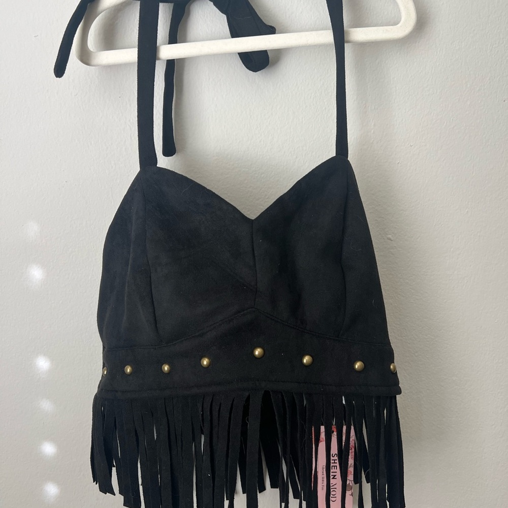 SHEIN Black Fringe Halter Top with Gold Accents